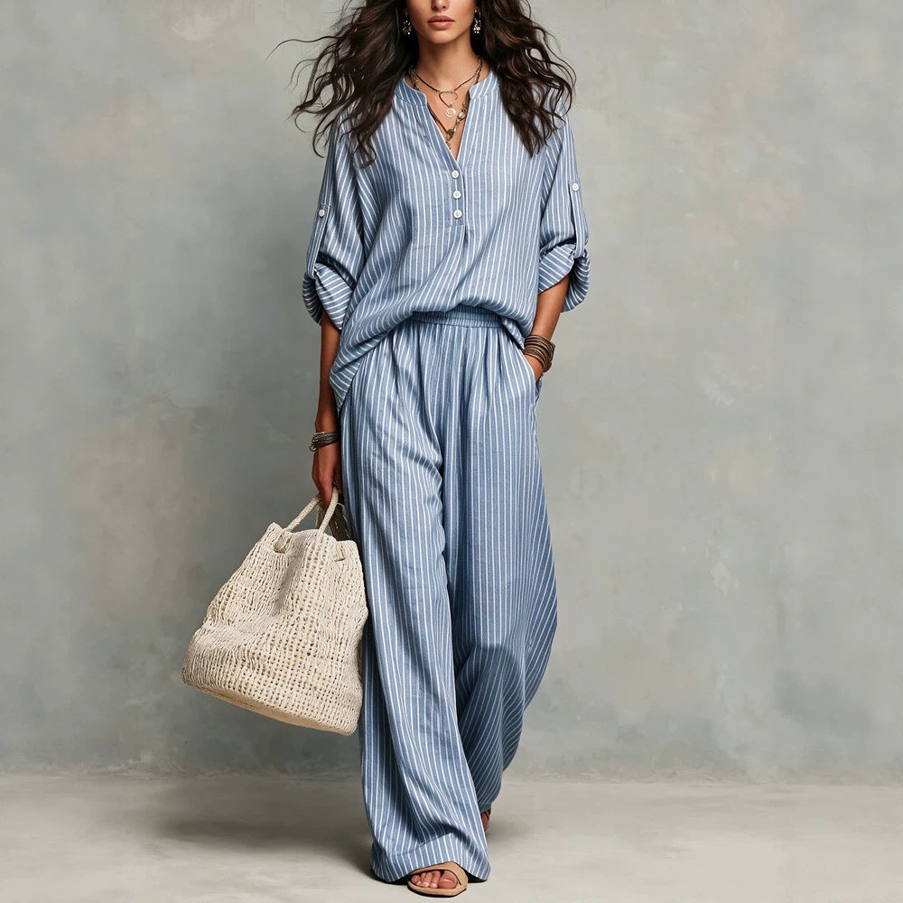 Women's Striped Cotton Lounge Set V-Neck Wide Leg Pants