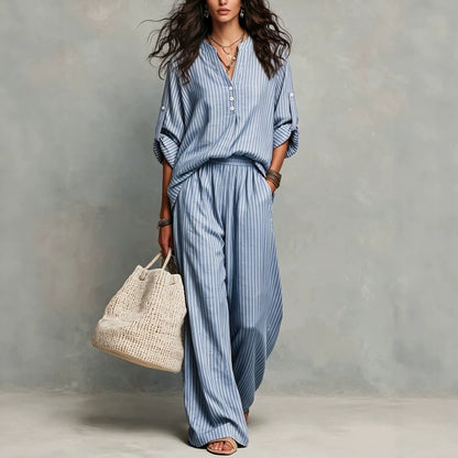 Women's Striped Cotton Lounge Set V-Neck Wide Leg Pants
