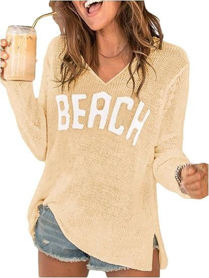 Women's V-Neck Letter Print Lightweight Knit Sweater
