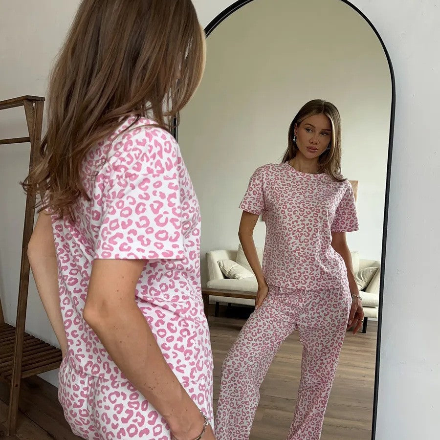 Leopard Print Pajama Set Short Sleeve Lounge Pants