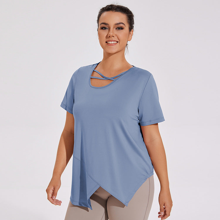 Plus Size Irregular Cross-neck Yoga Quick-drying Short-sleeved T-shirt Elastic Fitness Clothes