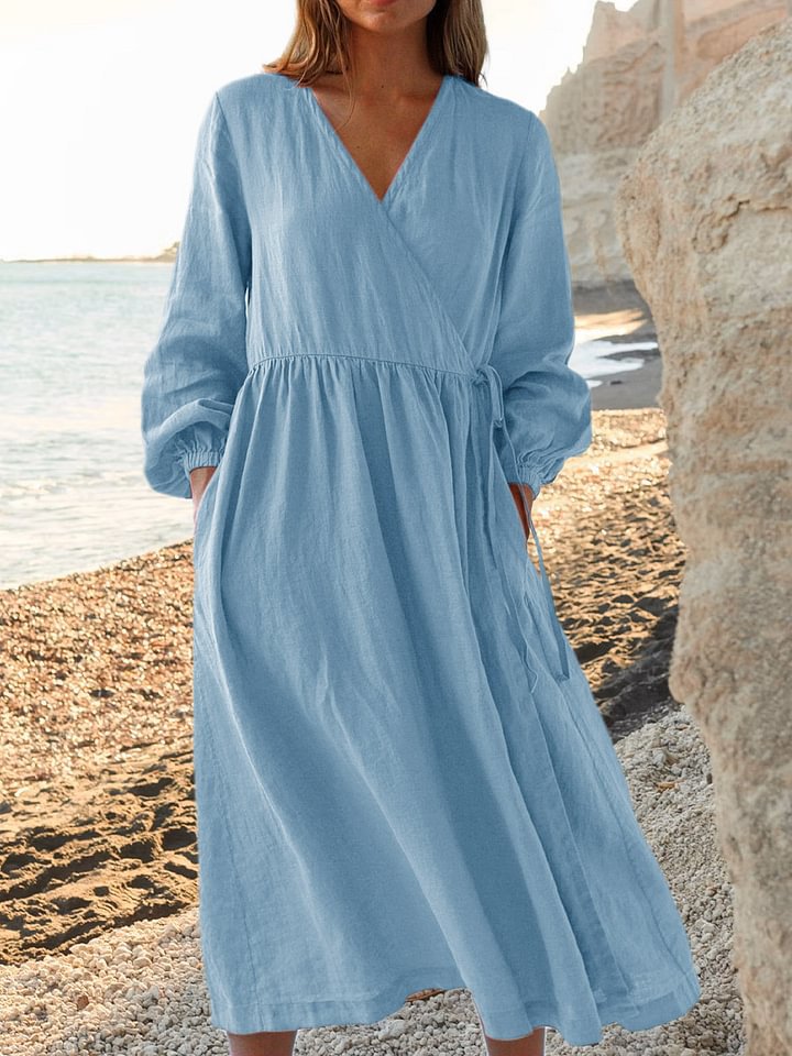 Women's Linen V Neck Long Sleeve Maxi Dress Casual Summer