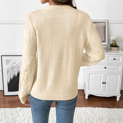 Valentine Heart Pointelle Crew Neck Knit Sweater