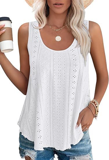 Eyelet Knit Tank Top Sleeveless Loose Fit Summer Top