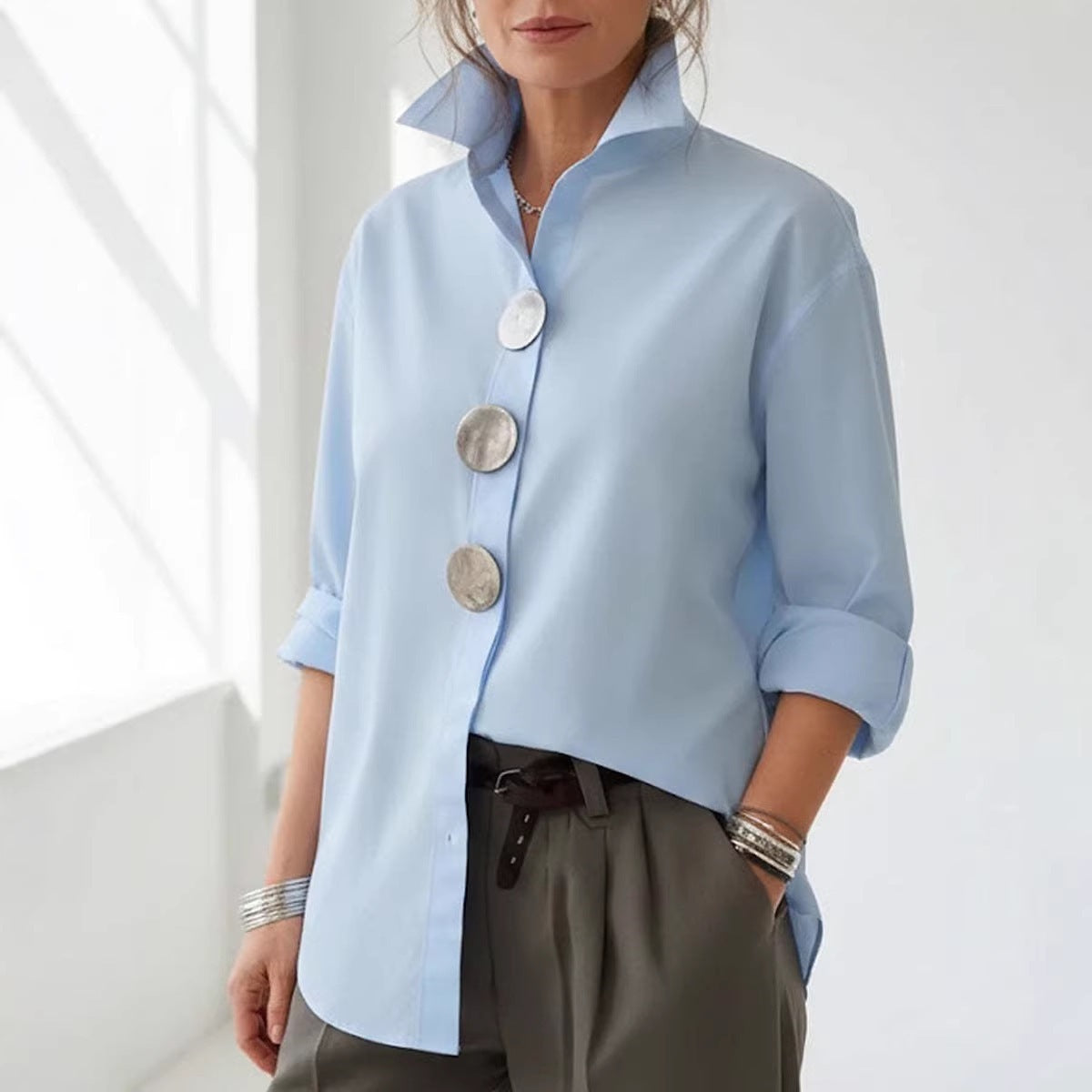 Women's Stand Collar Metal Button Long Sleeve Shirt