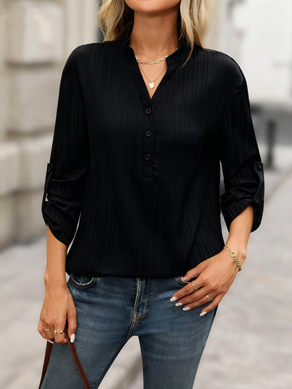 Women's Solid V-Neck Button Front Long Sleeve Blouse