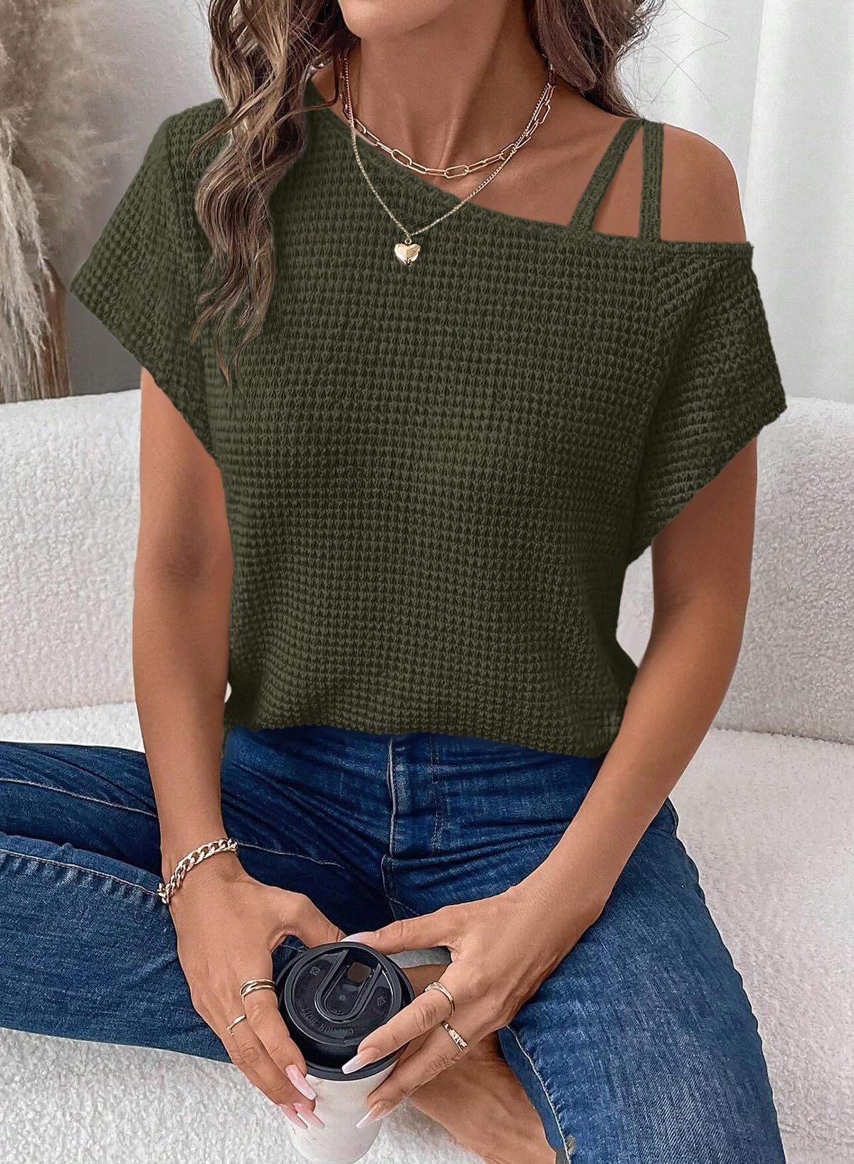 Women's Off-Shoulder Knit Top – Casual Summer Short Sleeve Blouse