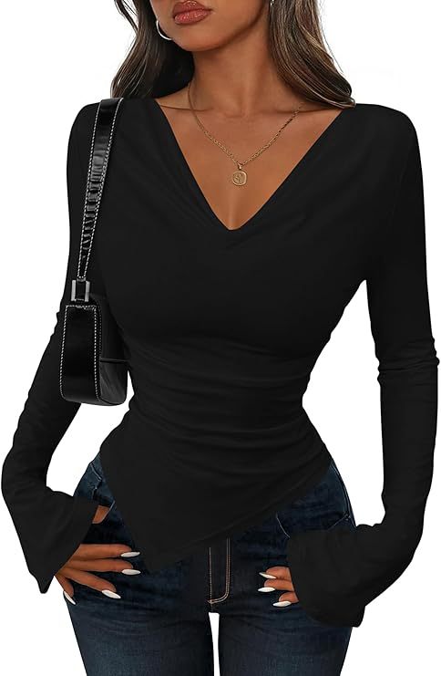 Women's Cowl Neck Long Sleeve Asymmetric Fitted Top