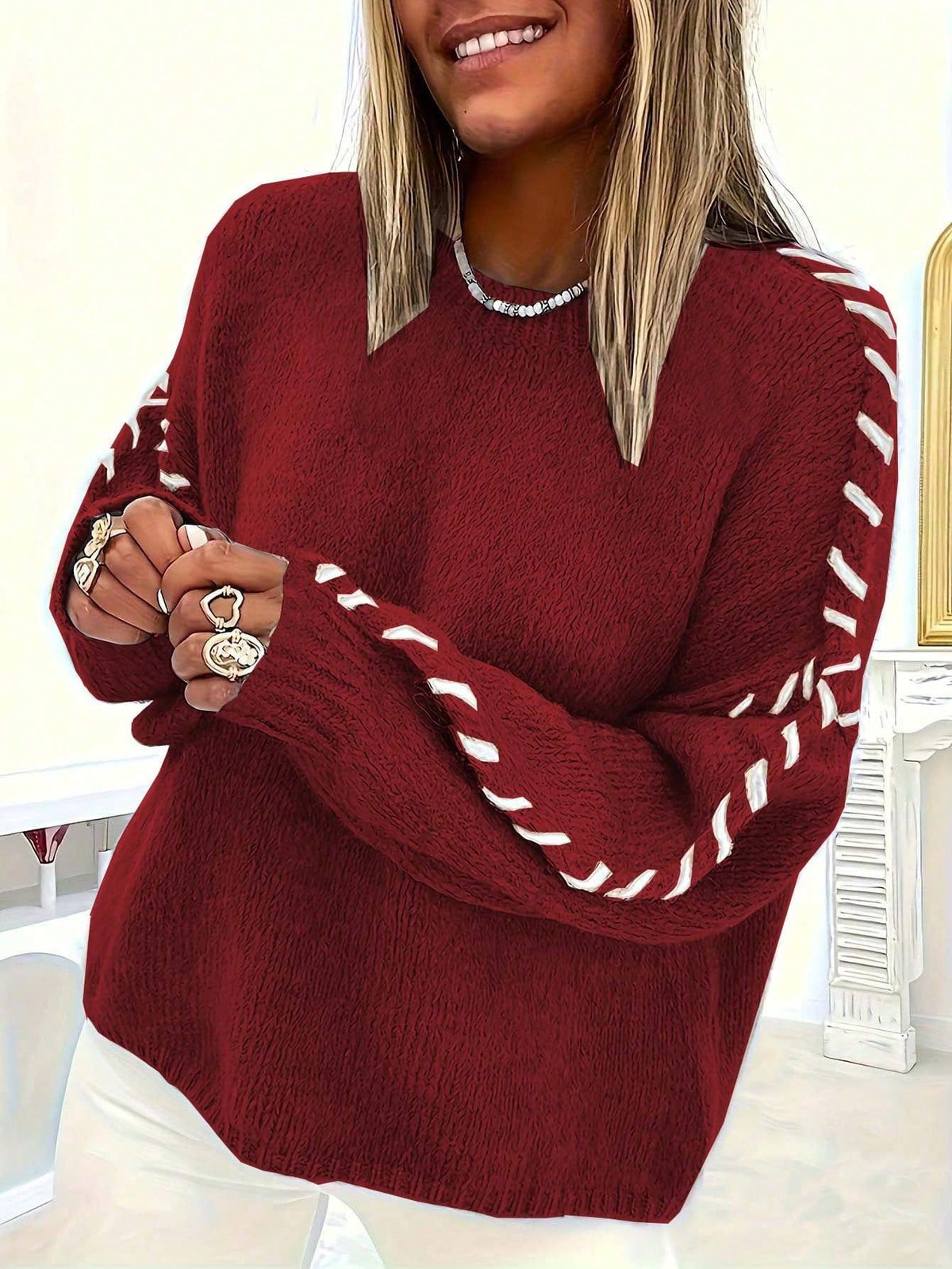 Women's Oversized Crew Neck Sweater Contrast Stitch Pullover