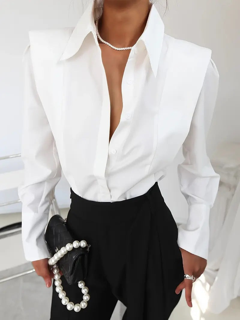 Women's Square Shoulder Button Down Blouse Long Sleeve Top