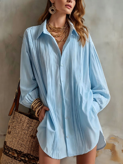 Women's Oversized Pleated Collared Shirt Long Sleeve Blouse