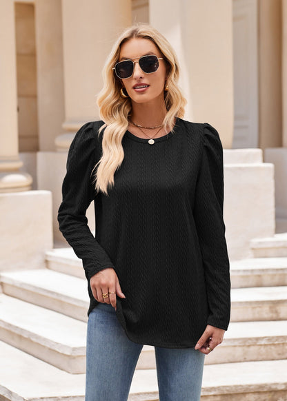 Burgundy Textured Knit Puff Sleeve Long Sleeve Top