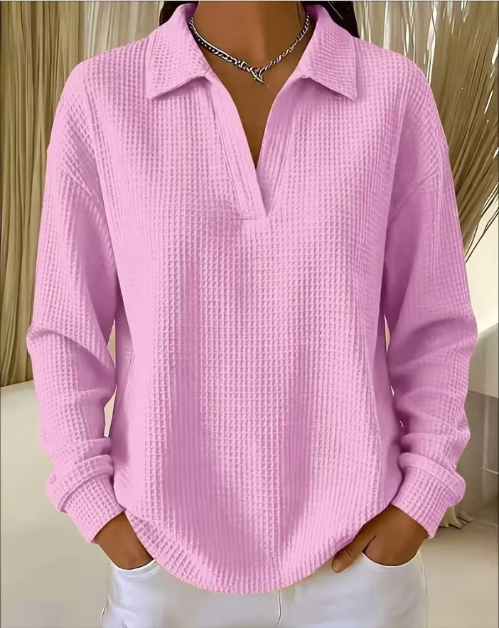 Waffle Knit Collared V Neck Long Sleeve Oversized Tunic Top