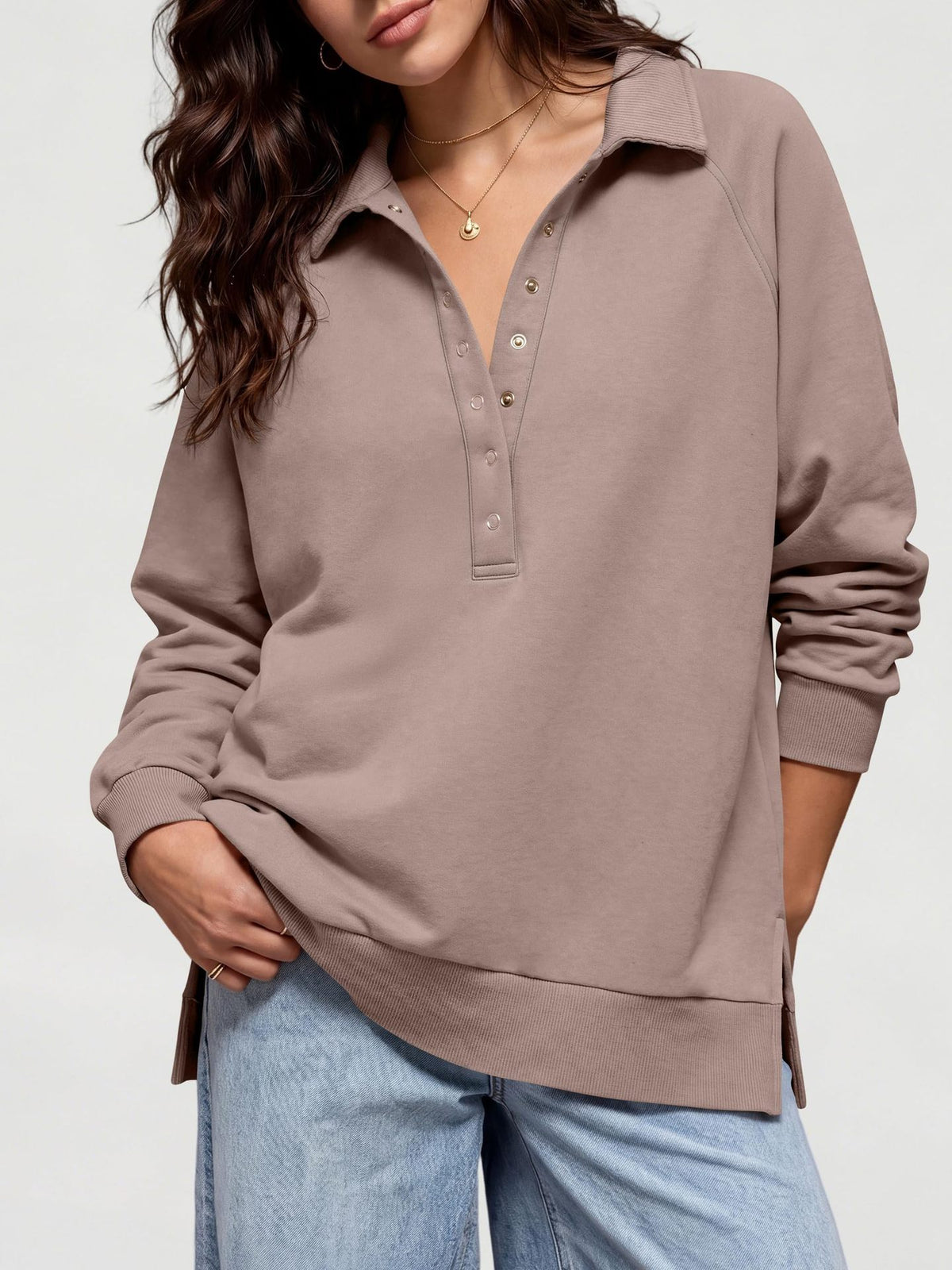 Women's Oversized Collared Button Pullover Sweatshirt