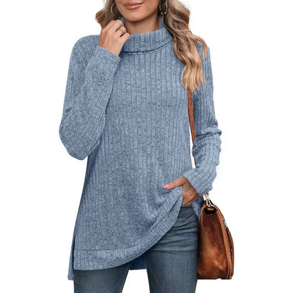 Oversized Ribbed Turtleneck Tunic Top Side Split