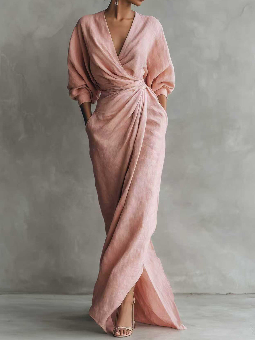 V-Neck Long Sleeve Tie Waist Slit Maxi Dress