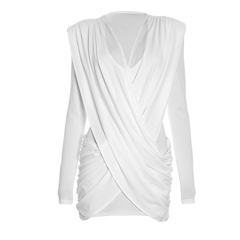 Sexy Deep V Neck Long Sleeve Ruched Bodycon Mini Dress