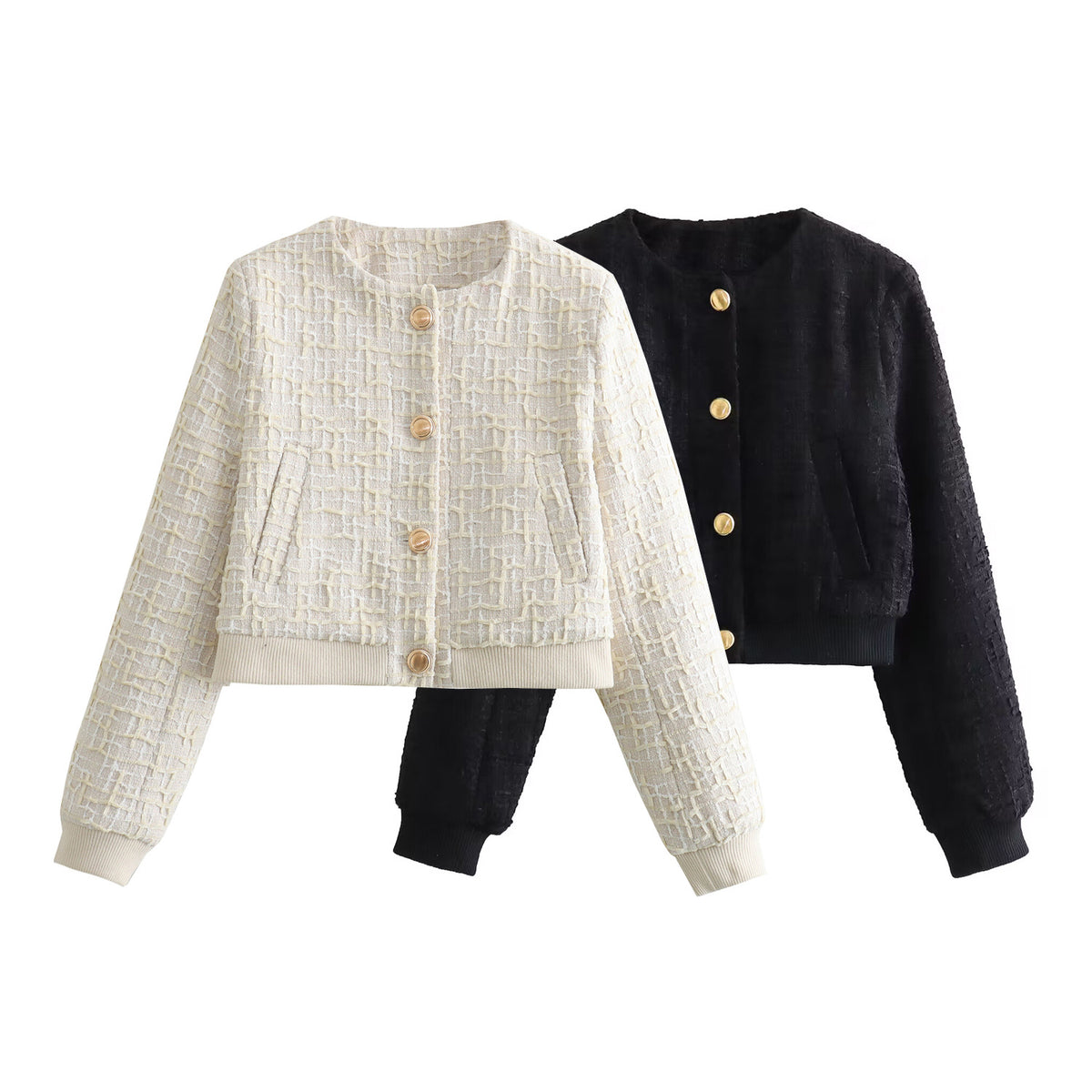 Women's Cropped Tweed Bomber Jacket Button Front