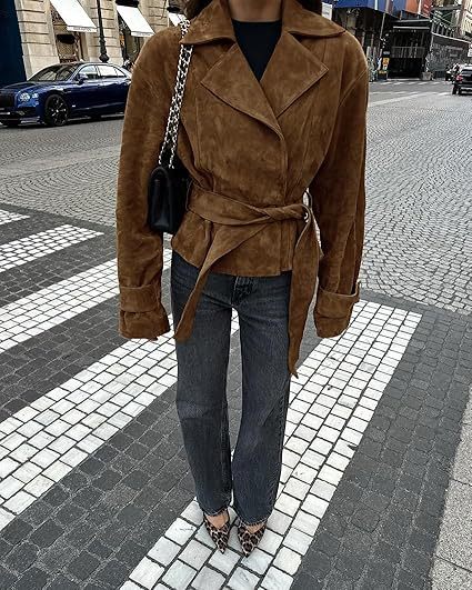 Women's Cropped Faux Suede Jacket Double Breasted Tie