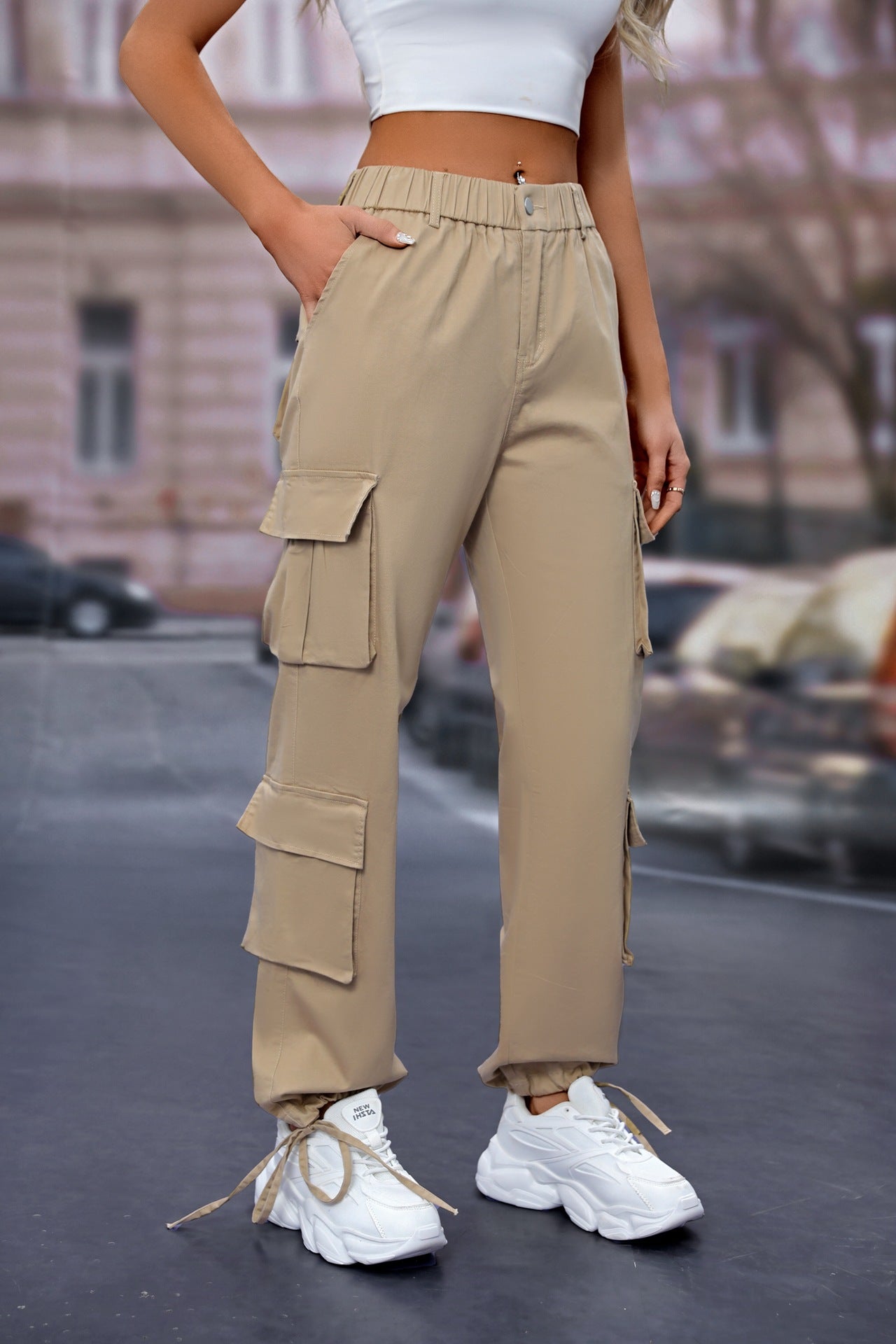 Women's High-Waist Cargo Pants with 8 Pockets, Loose Fit Streetwear