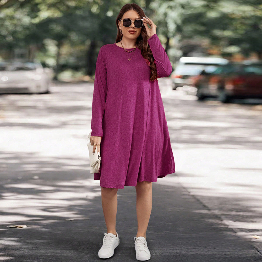 Women's  Autumn and Winter Long Sleeve Round Neck Loose Casual Solid Color Pocket Dresses