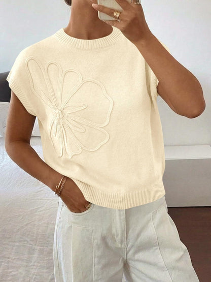 Floral Knit Sweater Short Sleeve Textured Summer Top