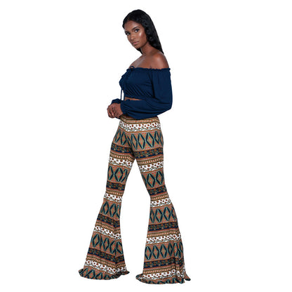 Women's Boho Printed Stretch Flare Pants Bell Bottoms