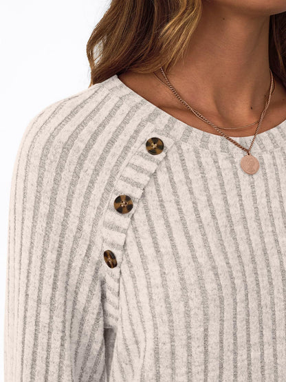 Ribbed Knit Crewneck Sweatshirt with Button Detail