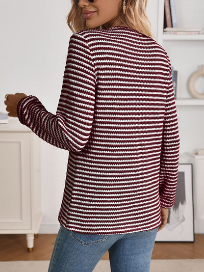 Striped waffle knit Henley top relaxed long sleeve