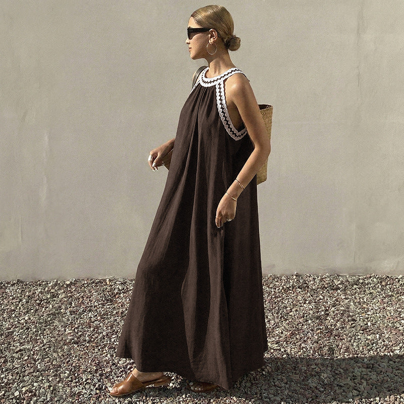 Halter Neck Maxi Dress Color Block Lace Summer Casual