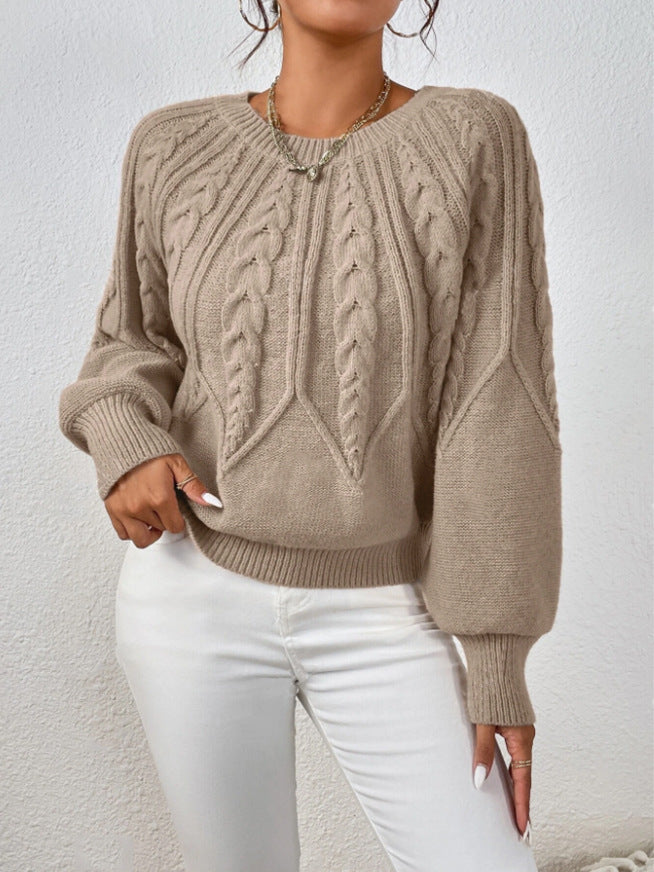 Women's Cable Knit Balloon Sleeve Crew Neck Sweater