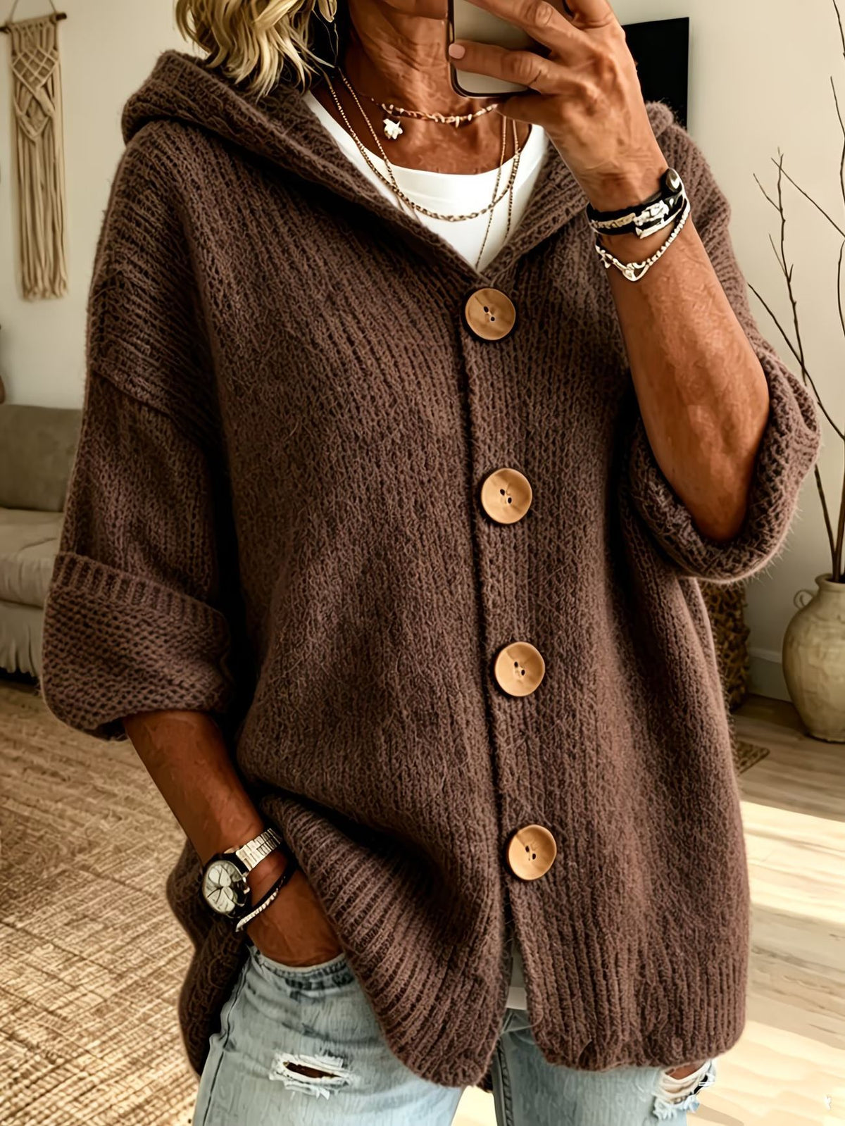 Women's Oversized Hooded Button Cardigan Sweater