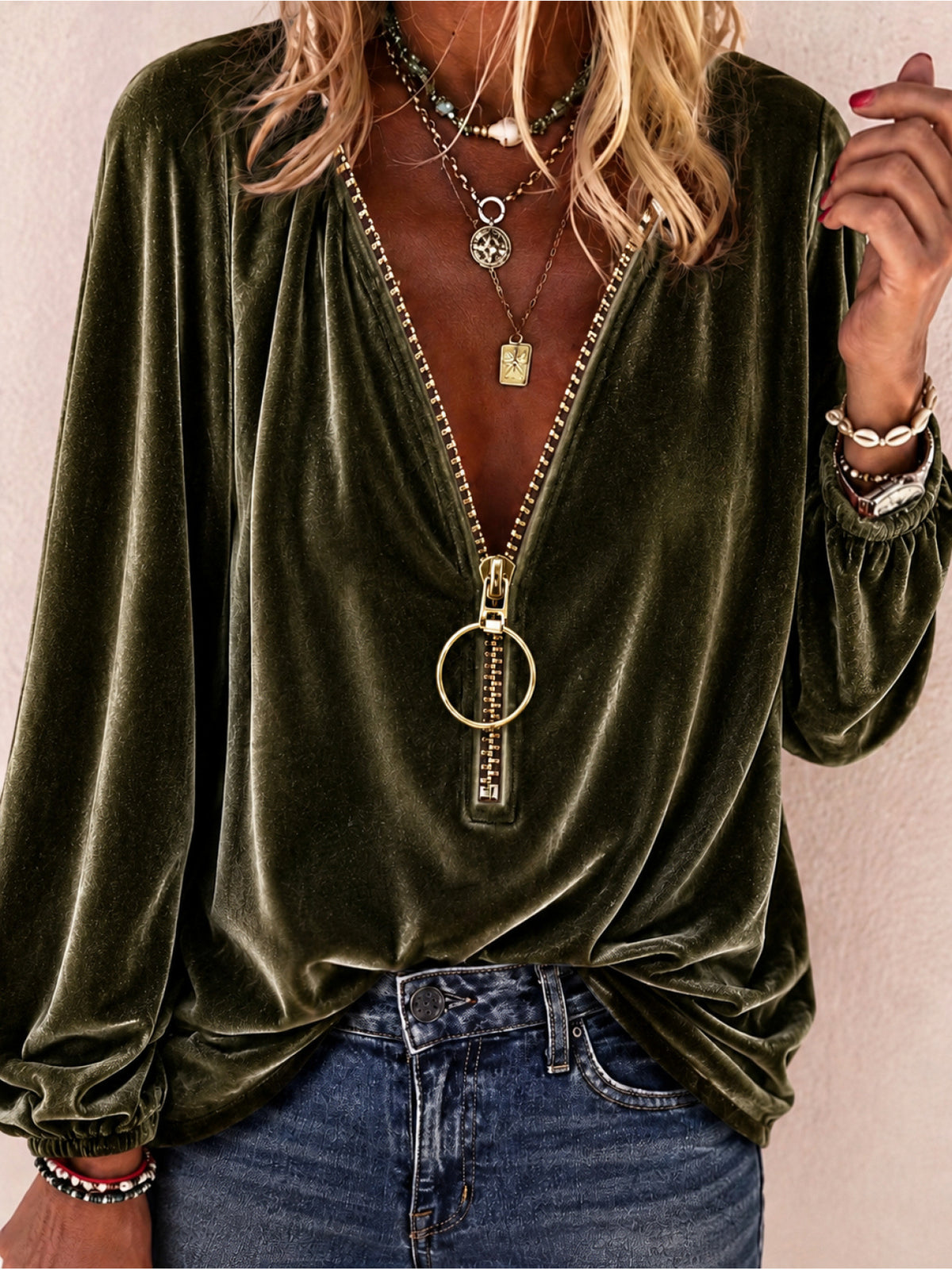 Women's Velvet Zip Front V-Neck Long Sleeve Top