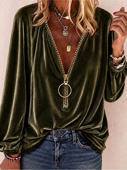 Women's Velvet Zip Front V-Neck Long Sleeve Top