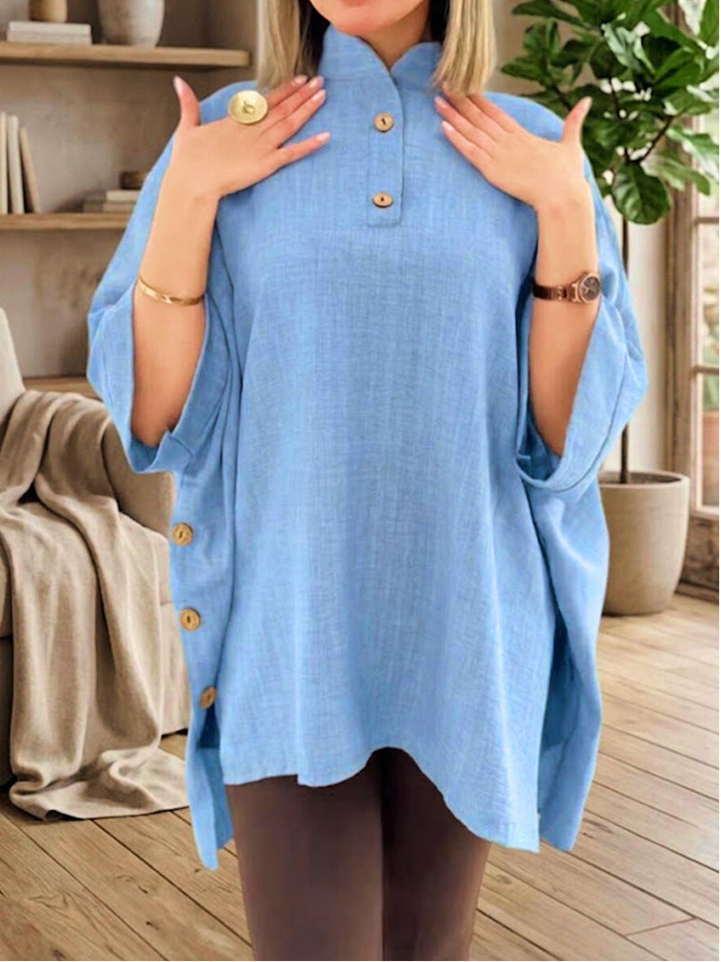 Oversized Button Tunic Elbow Sleeve Side Split Plus Size