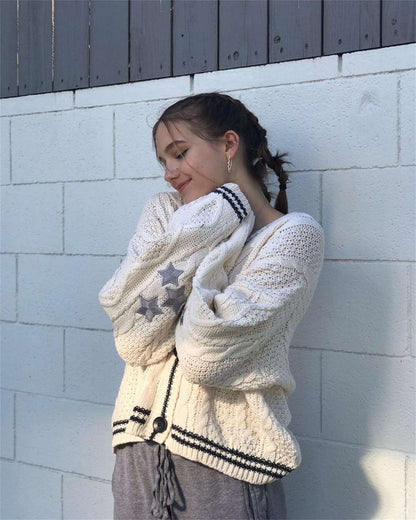 Oversized Chunky Star Embroidered V-Neck Cardigan