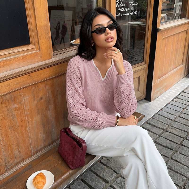 Solid Knit V Neck Sweater Contrast Trim Pointelle Sleeve