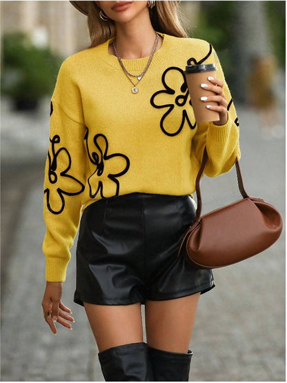 Women's Floral Crewneck Long Sleeve Oversized Knit Sweater