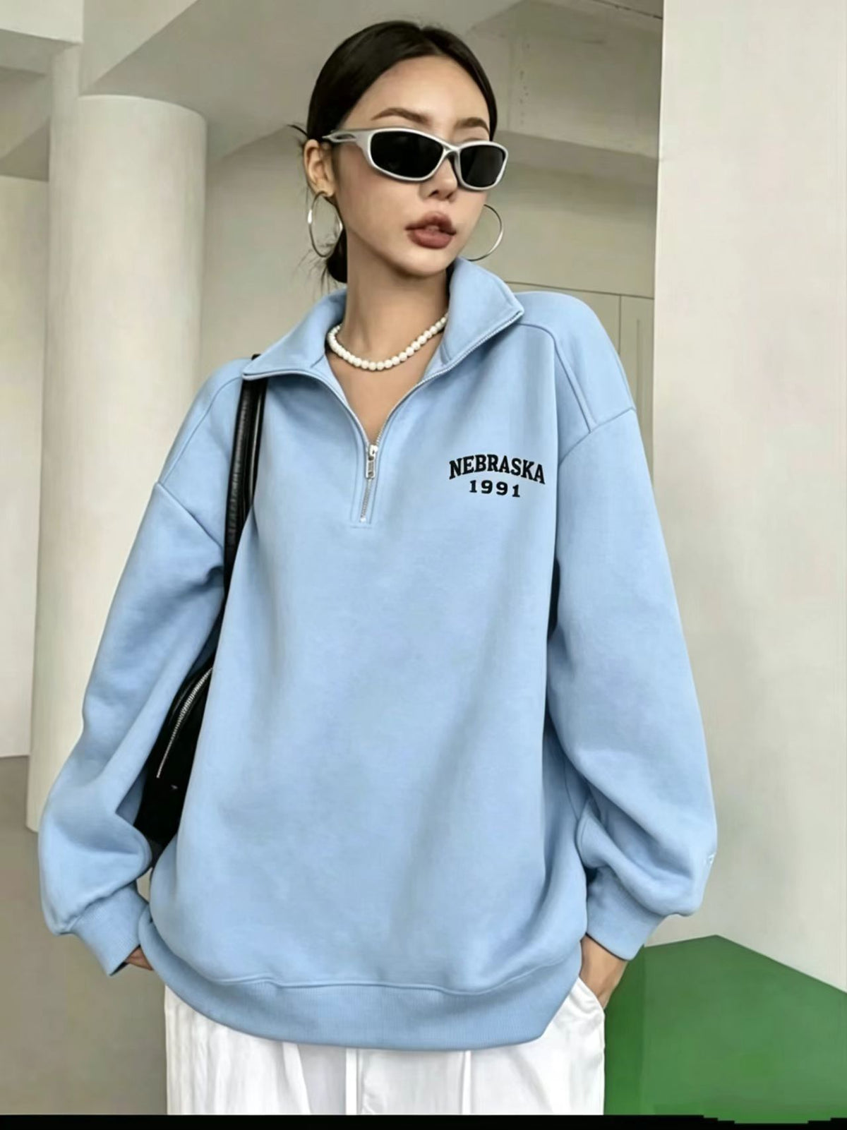 Women's Oversized Half Zip Embroidered Sweatshirt Pullover