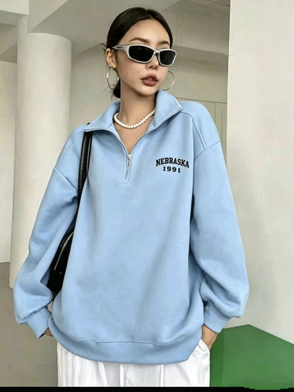Women's Oversized Half Zip Embroidered Sweatshirt Pullover