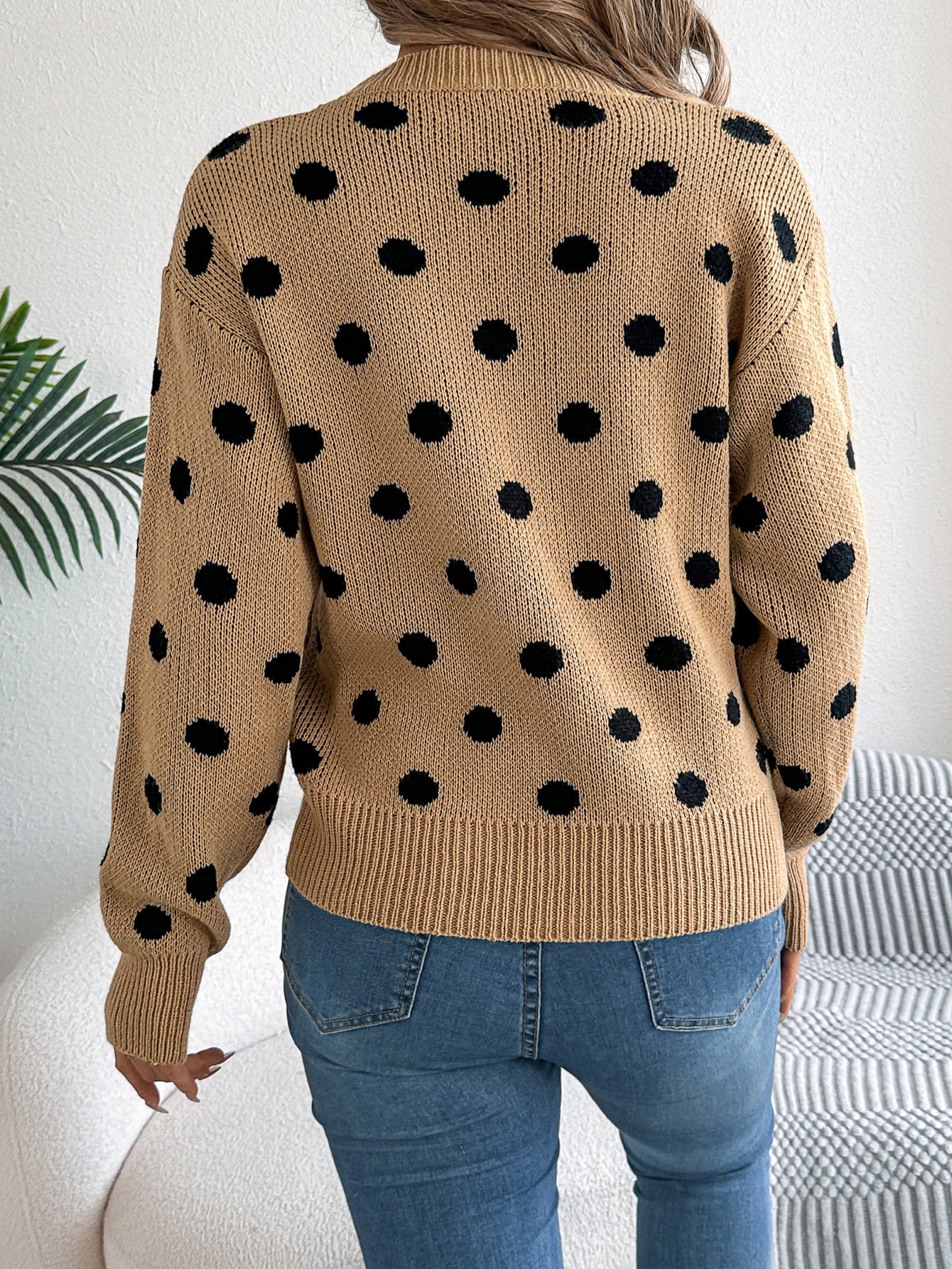 Polka Dot Knit Sweater Long Sleeve Casual Pullover
