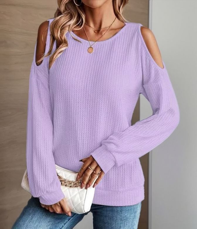 Women's Cold Shoulder Waffle Knit Long Sleeve Casual Top