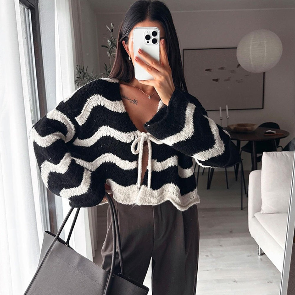Women's Striped Tie Front Fuzzy Cardigan Sweater