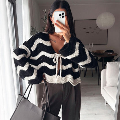 Women's Striped Tie Front Fuzzy Cardigan Sweater