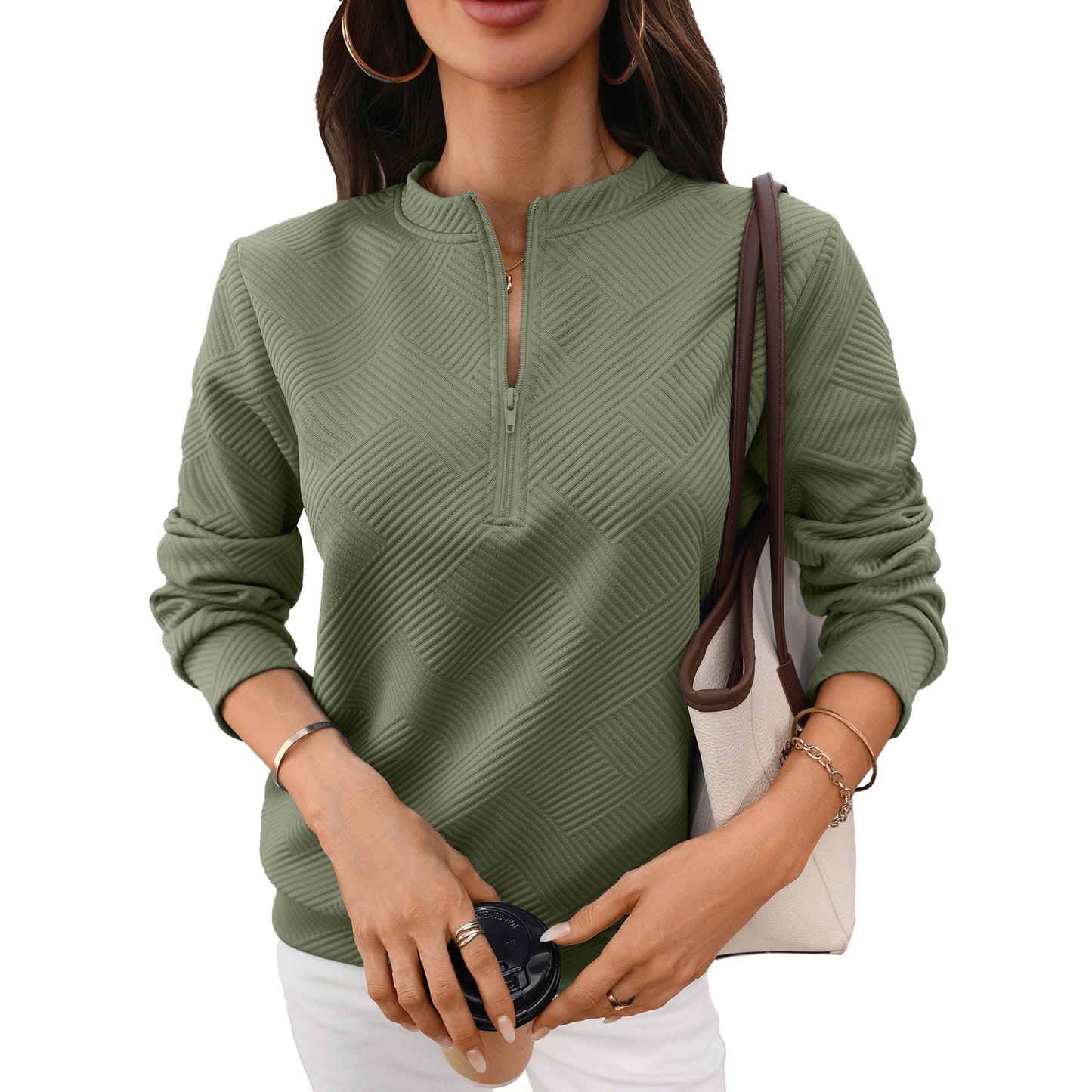 Quilted Half Zip Sweatshirt Loose Textured Pullover