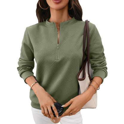 Quilted Half Zip Sweatshirt Loose Textured Pullover