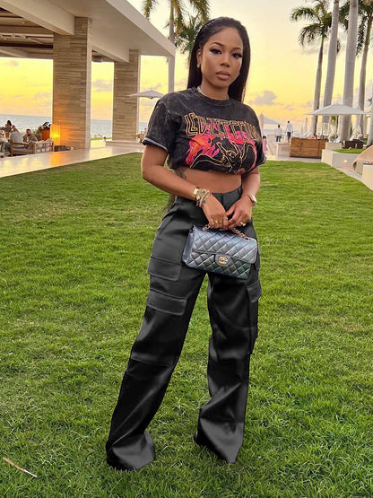 Women's Stretch Satin Cargo Flare Pants Pockets