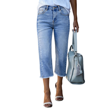 Women's High Waist Vintage Wash Stretch Cropped Jeans