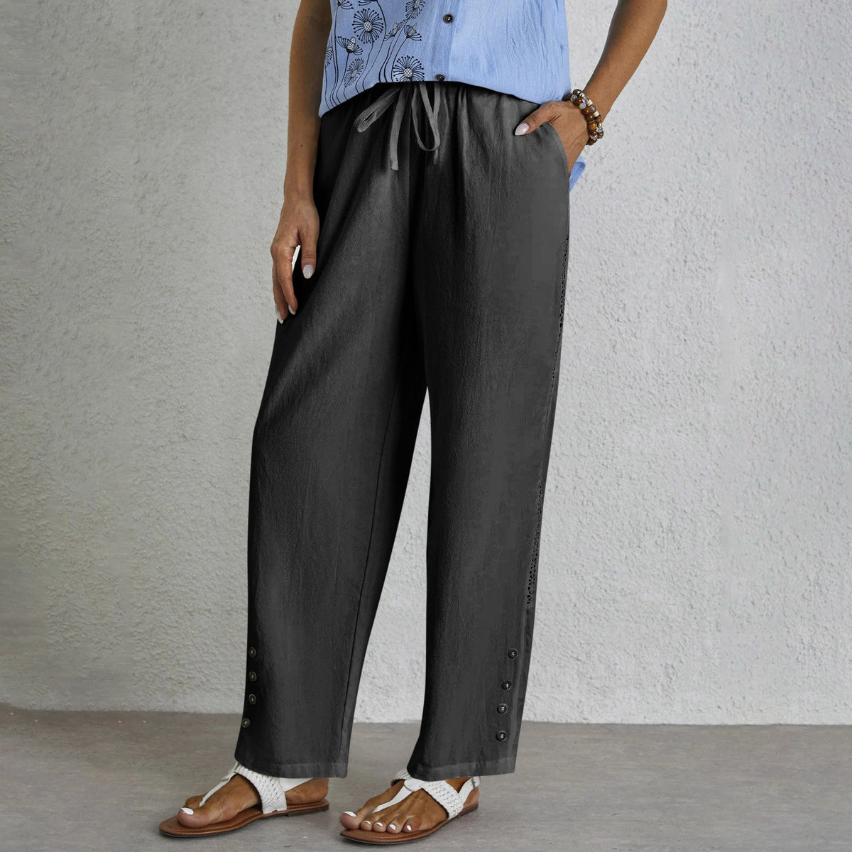 Women's Cotton Linen Pants Drawstring Eyelet Button Hem