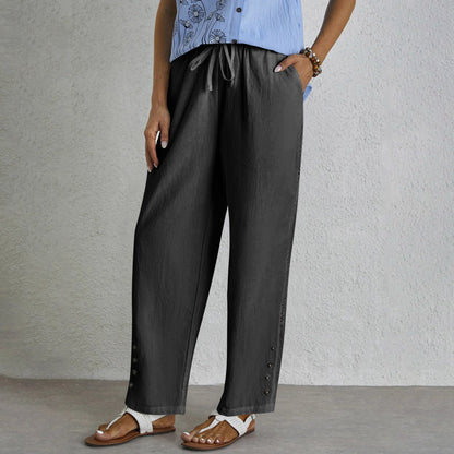 Women's Cotton Linen Pants Drawstring Eyelet Button Hem